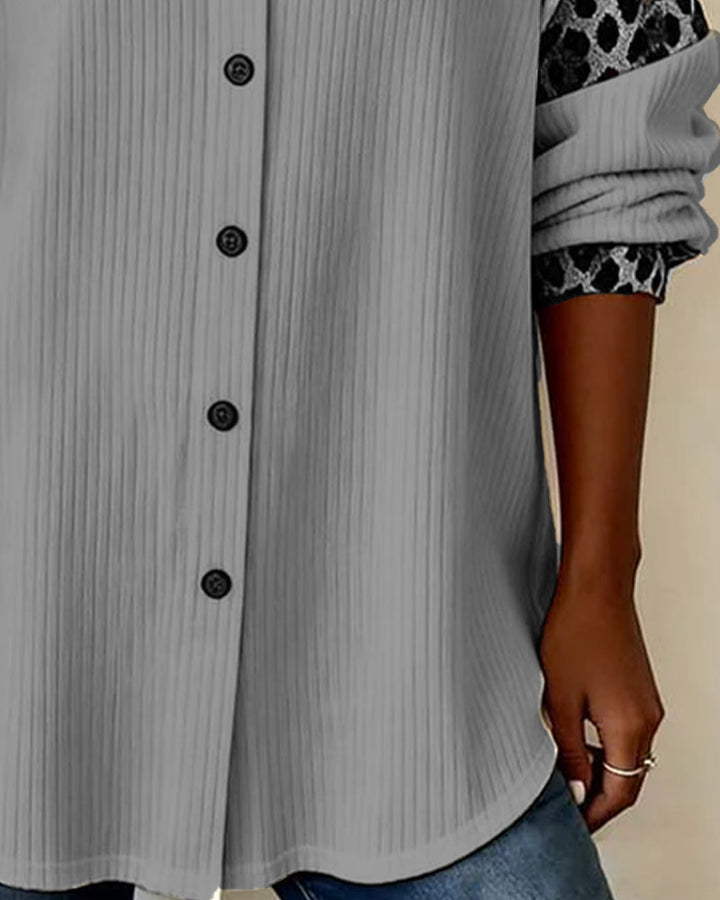 Point collar women's leopard print long sleeve shirt, relaxed fit, perfect for daily fashion.