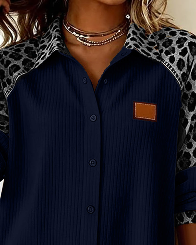 Women's button-down leopard print long sleeve shirt, relaxed fit, comfortable & stylish.
