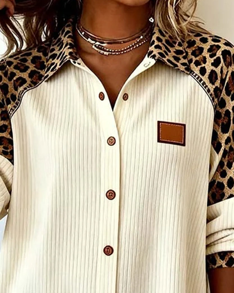 Women's casual leopard print long sleeve shirt with point collar.