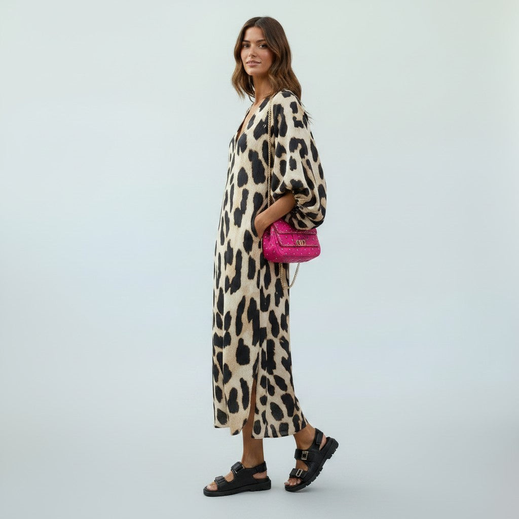 Chic women's leopard print midi dress, comfortable and versatile for spring, summer, or autumn fashion.