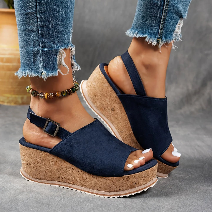 Close-up of the adjustable ankle strap and buckle on women's leopard print platform wedge sandals.