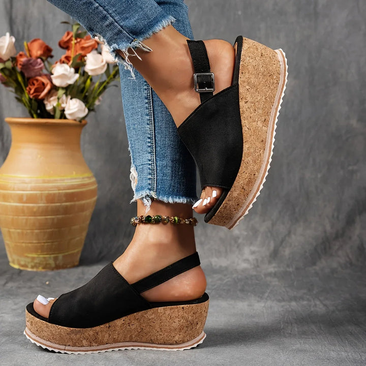 Women's comfortable leopard print platform wedge sandals with a secure, adjustable ankle strap for all-day wear.