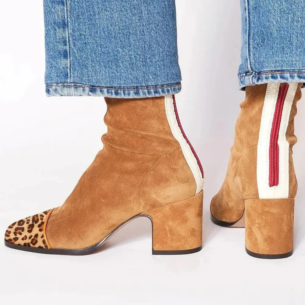 Women's trendy square toe boots, elegant block heel design. Perfect leopard print ankle footwear.