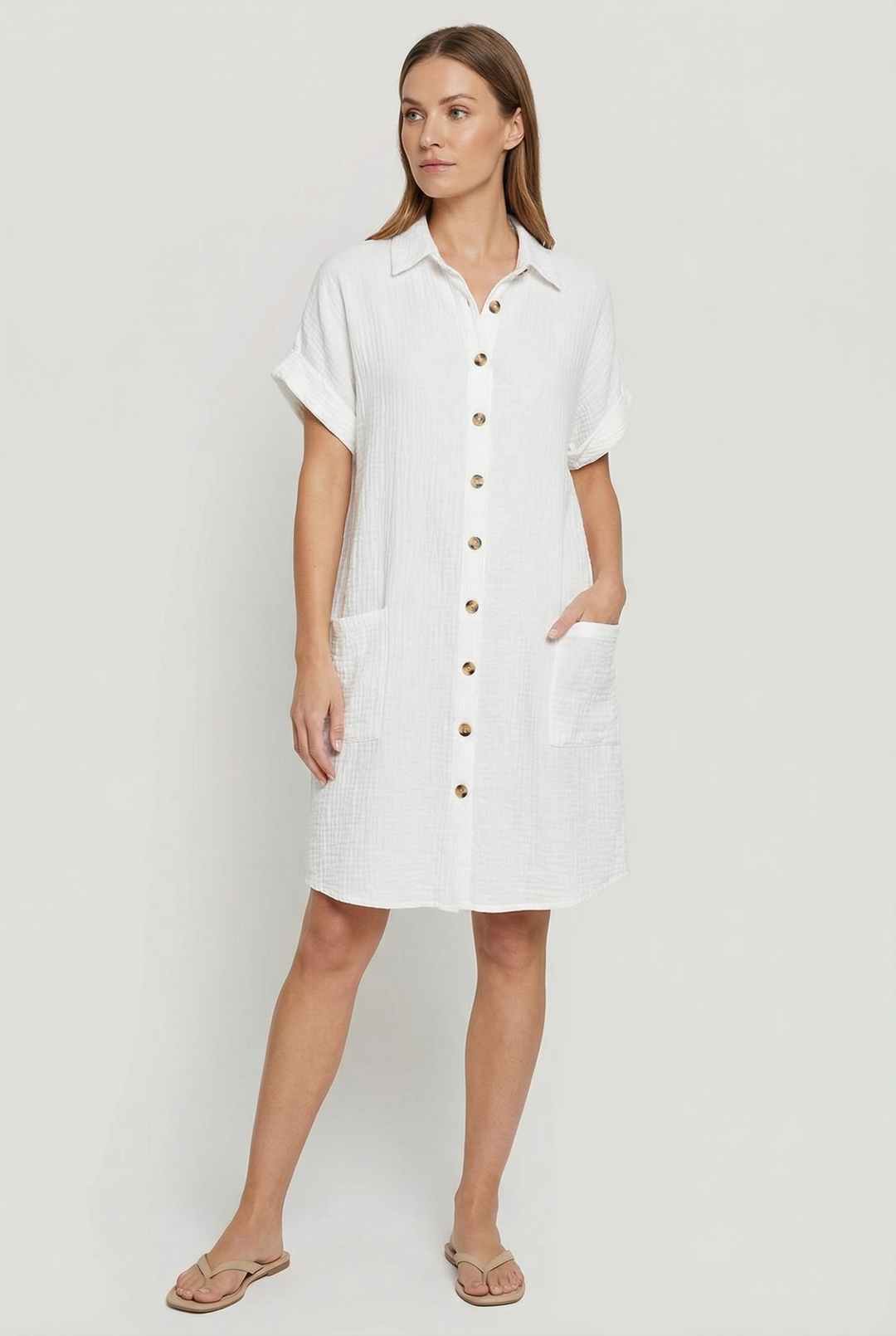 Women's light blue cotton blend short sleeve shirt dress, casual button-down style