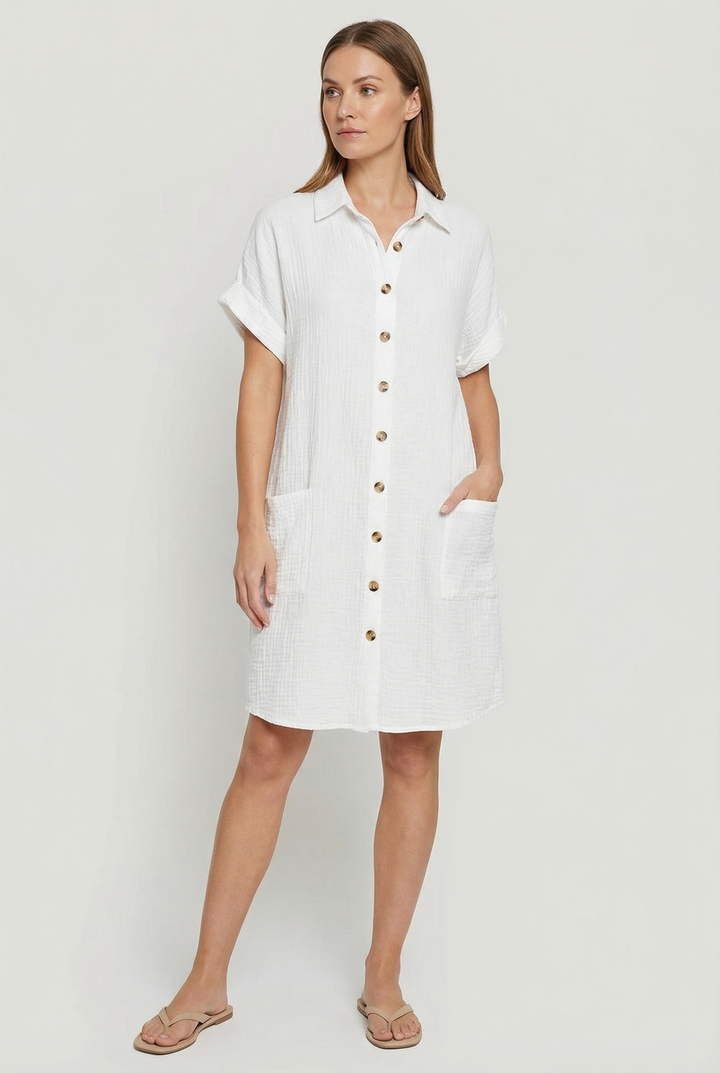 Women's light blue cotton blend short sleeve shirt dress, casual button-down style