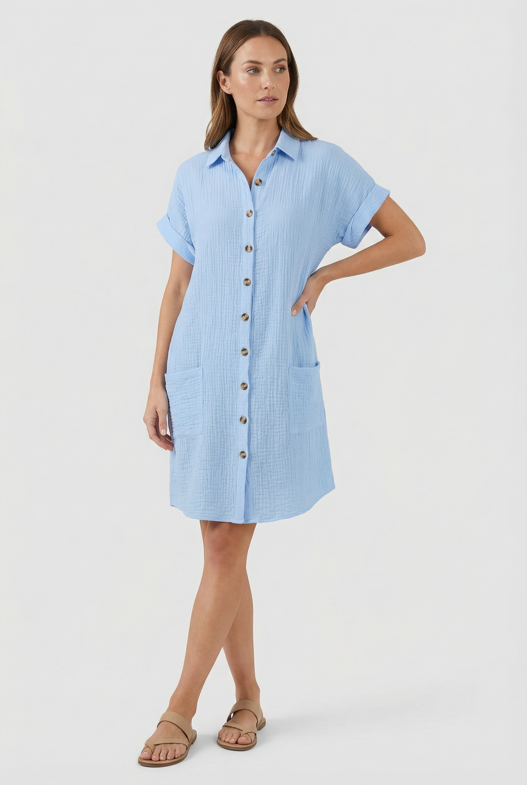 A vibrant red short sleeve shirt dress, perfect for a casual yet put-together women's look