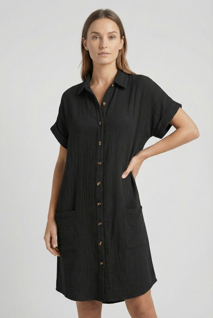 Green women's casual dress, a comfortable cotton blend short sleeve button-down shirt dress
