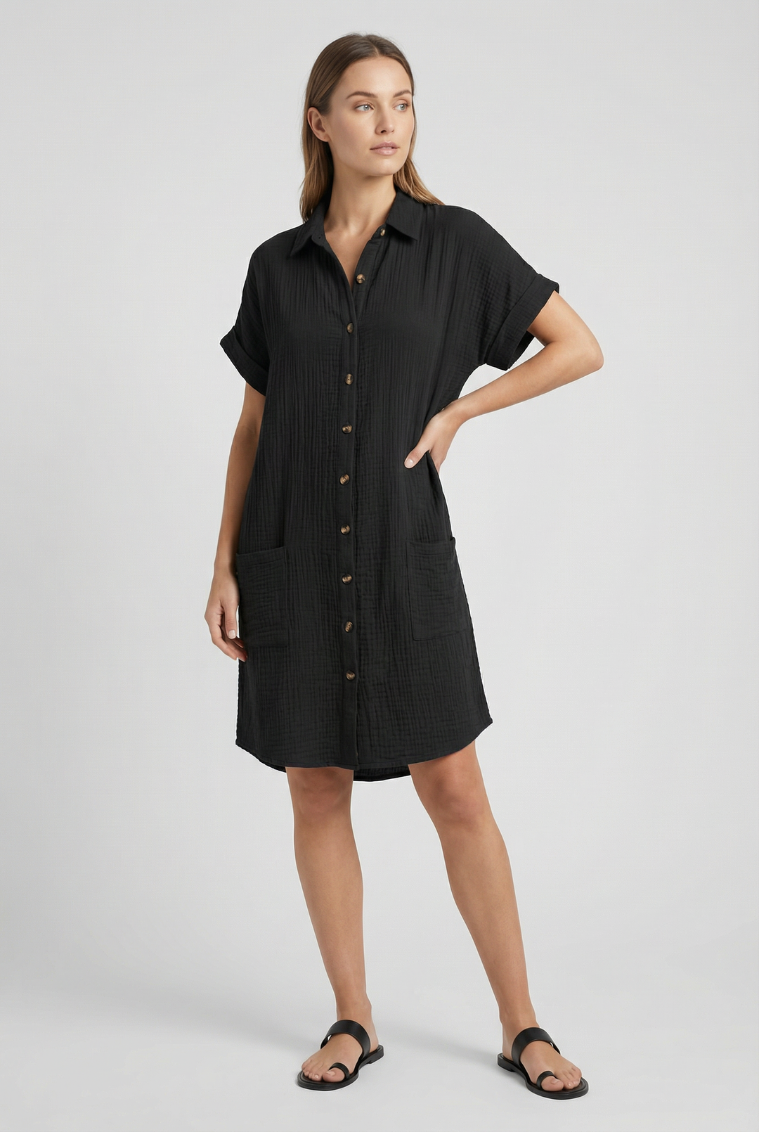 Red short sleeve shirt dress for women, featuring a classic collar and button-down front
