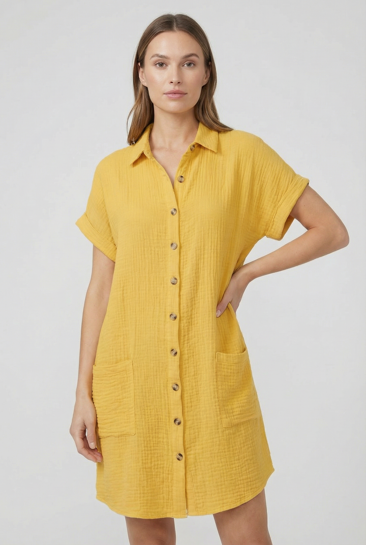Stylish black short sleeve shirt dress, ideal for everyday wear, women's casual fashion