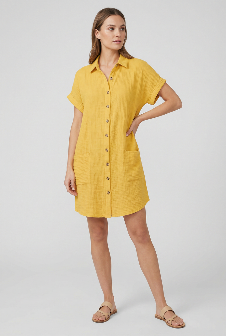 White cotton blend shirt dress for women, versatile short sleeve design, perfect for summer