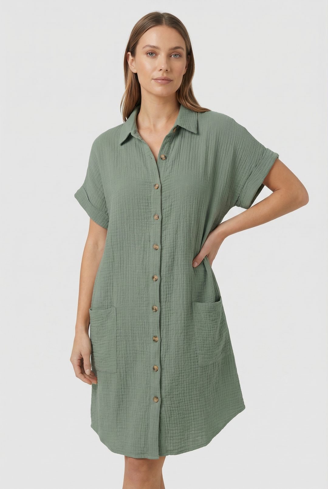 Effortless style: Women's casual short sleeve shirt dress in a flattering light blue hue