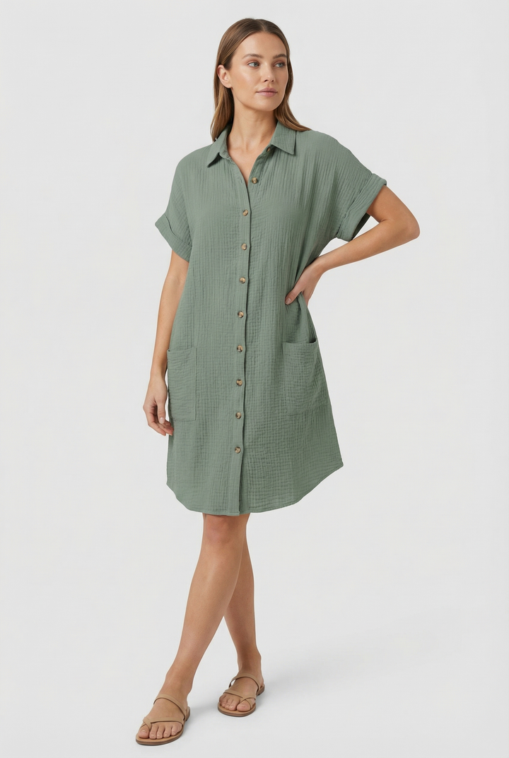 Discover comfort in this yellow short sleeve shirt dress, a must-have casual women's garment