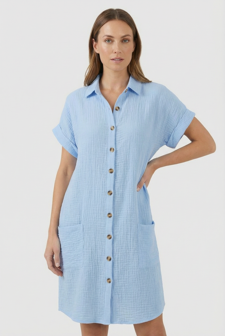 This green button-down shirt dress offers casual elegance for women, short sleeve design