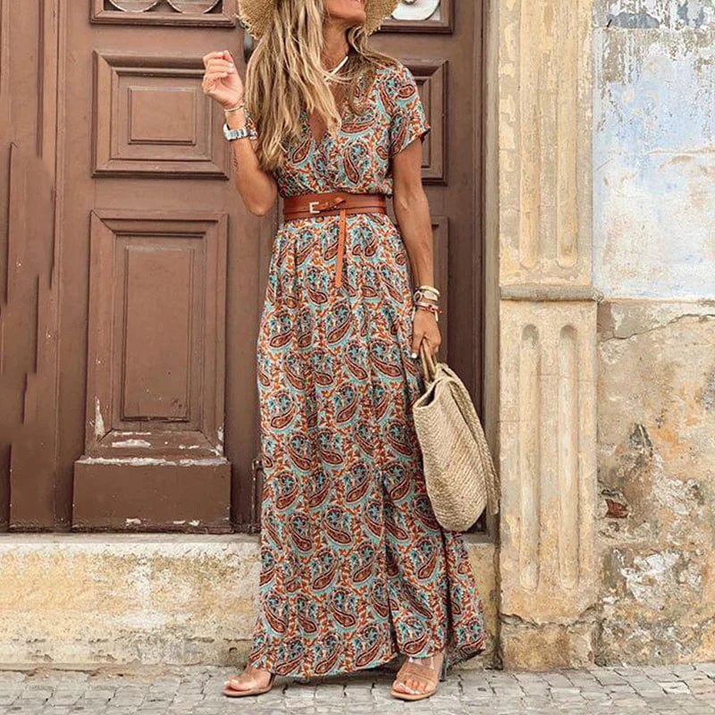 Women's light brown patterned maxi dress with a stylish belt and short sleeves, perfect for summer casual wear.