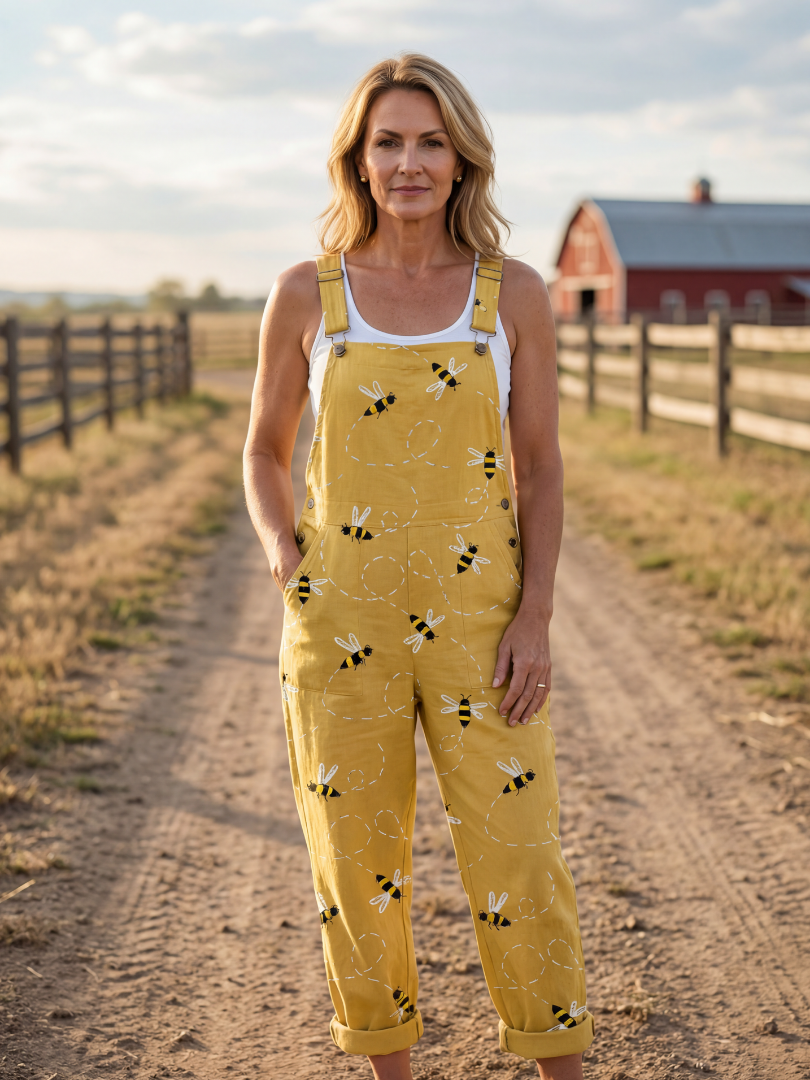 Women's light honeybee print relaxed fit jumpsuit with wide straps, perfect for comfortable summer casual wear.