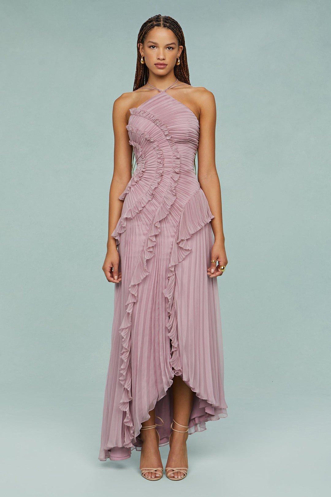 Elegant light purple pleated maxi dress with halter neck, ideal for women's special occasions or evening events.