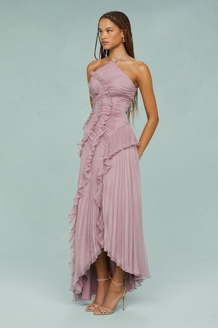 Stylish open back light purple maxi dress, women's halter neck with elegant pleats, perfect for summer occasions.