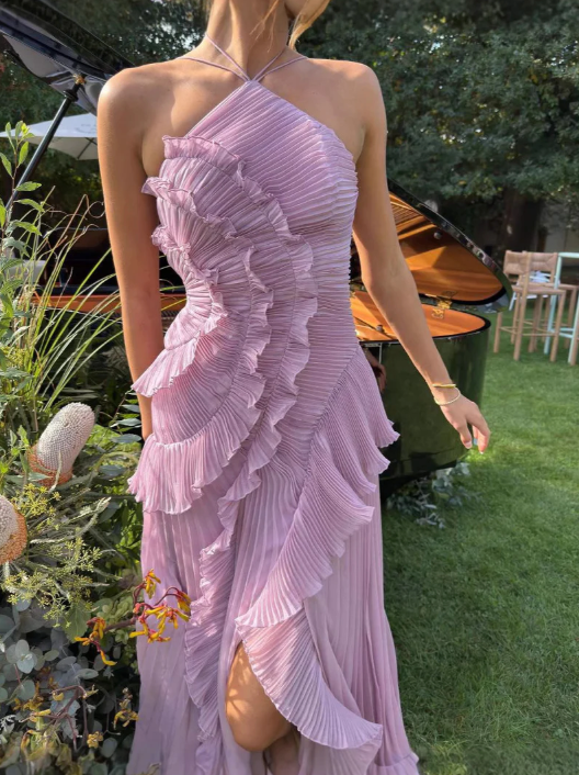 Women's light purple pleated maxi dress, halter neck summer evening dress with a beautiful open back.