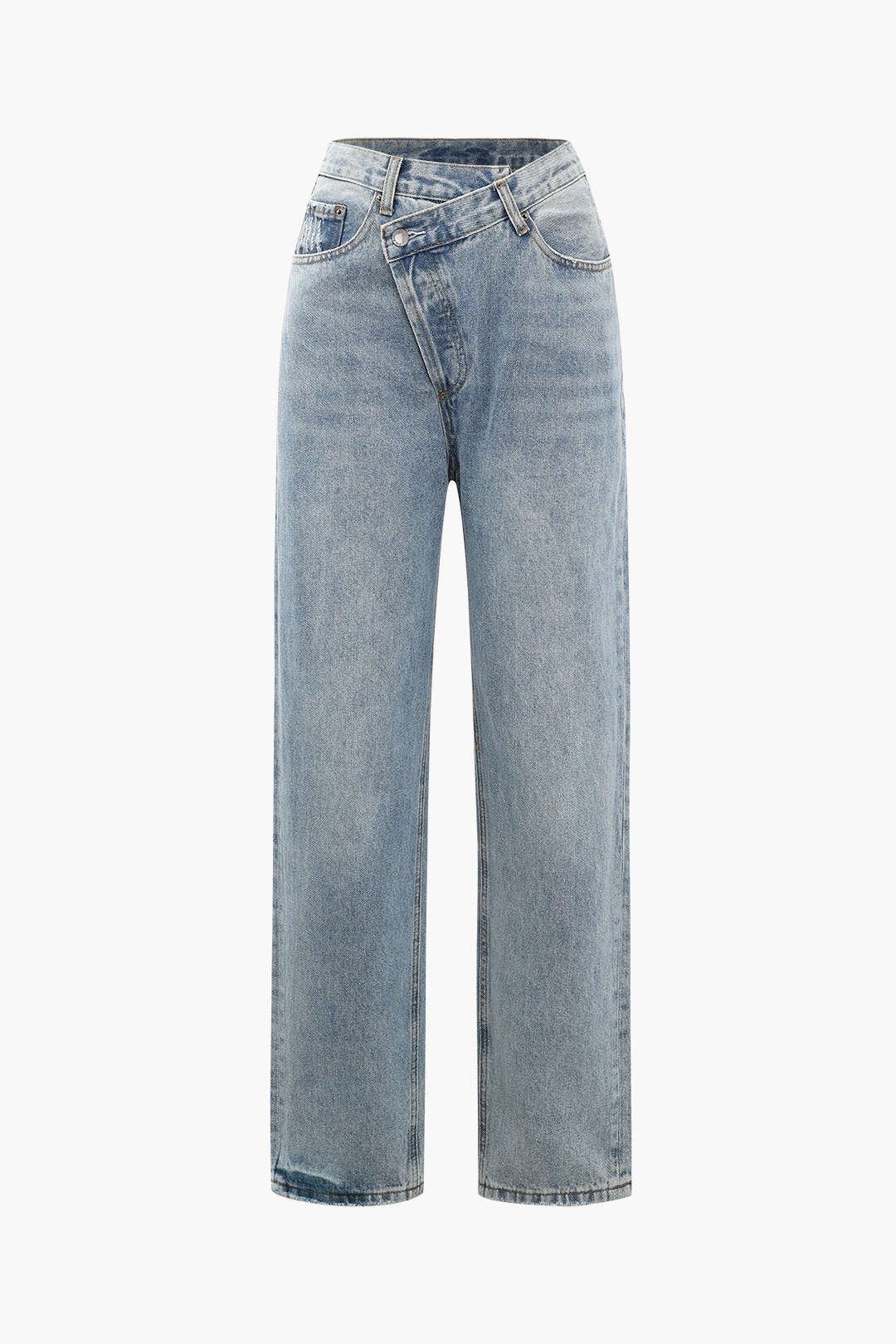 Women's light wash asymmetric high-waist straight leg jeans, showcasing unique style. Trendy fashion jeans.