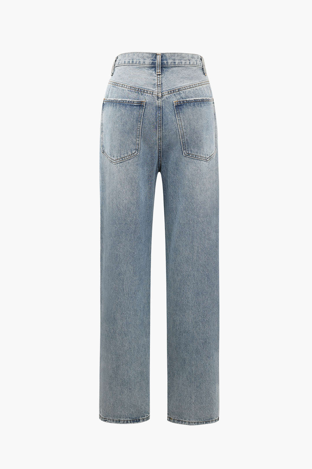 Close-up of trendy women's grey asymmetric high-waist jeans, highlighting unique button & straight leg design.