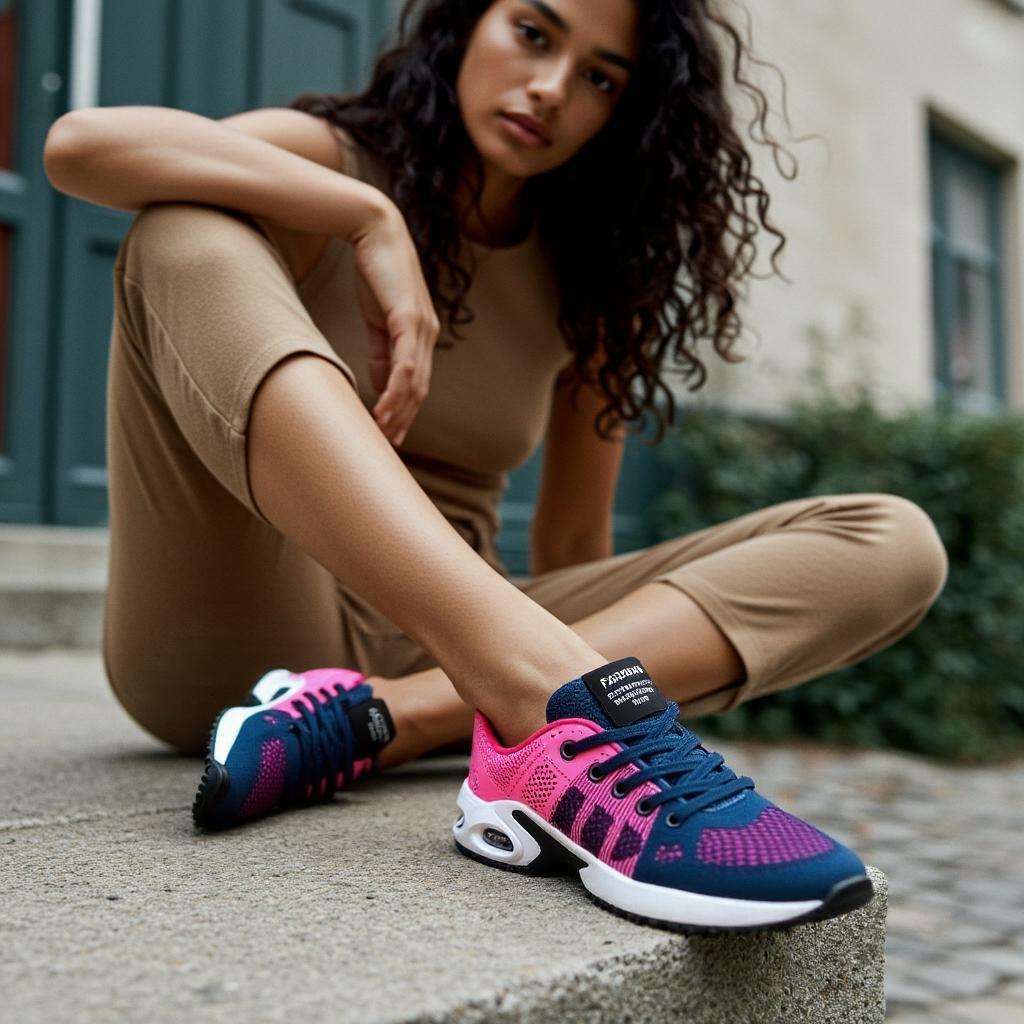 Back view of women's athletic running shoes, showcasing supportive heel design for stability.