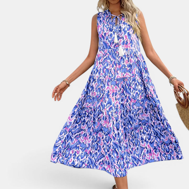 Lightweight boho printed midi dress for women, casual summer resort attire.