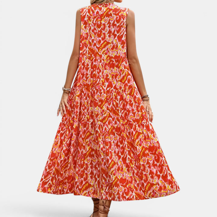 Boho sleeveless V-neck midi dress for women, comfortable and flowy summer wear.