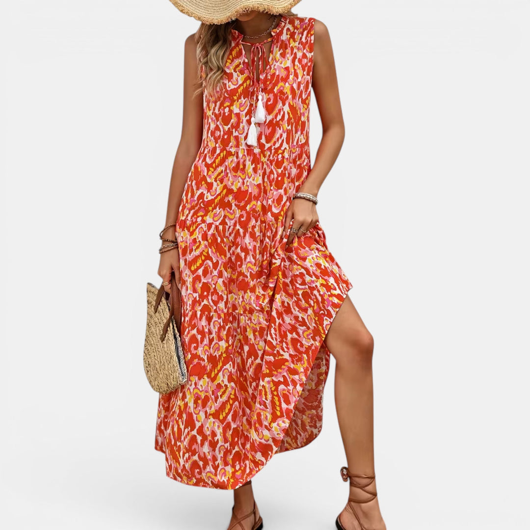 Sleeveless elegant midi dress for women, flowy V-neck and casual summer style.
