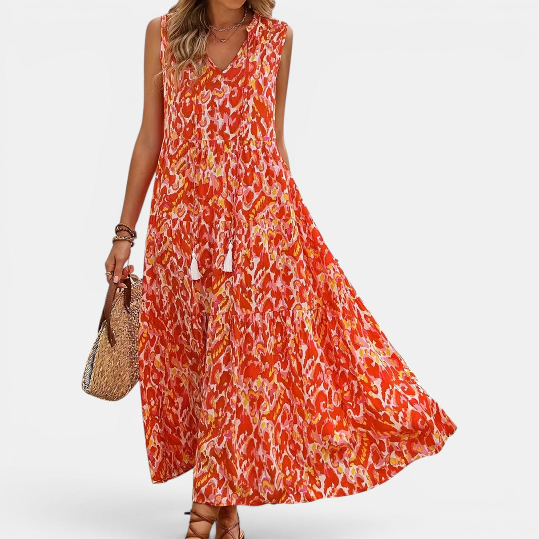Elegant sleeveless V-neck midi dress for women, perfect casual summer resort wear.