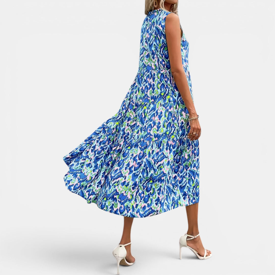 Casual women's boho midi dress, sleeveless V-neck and flowy for summer.