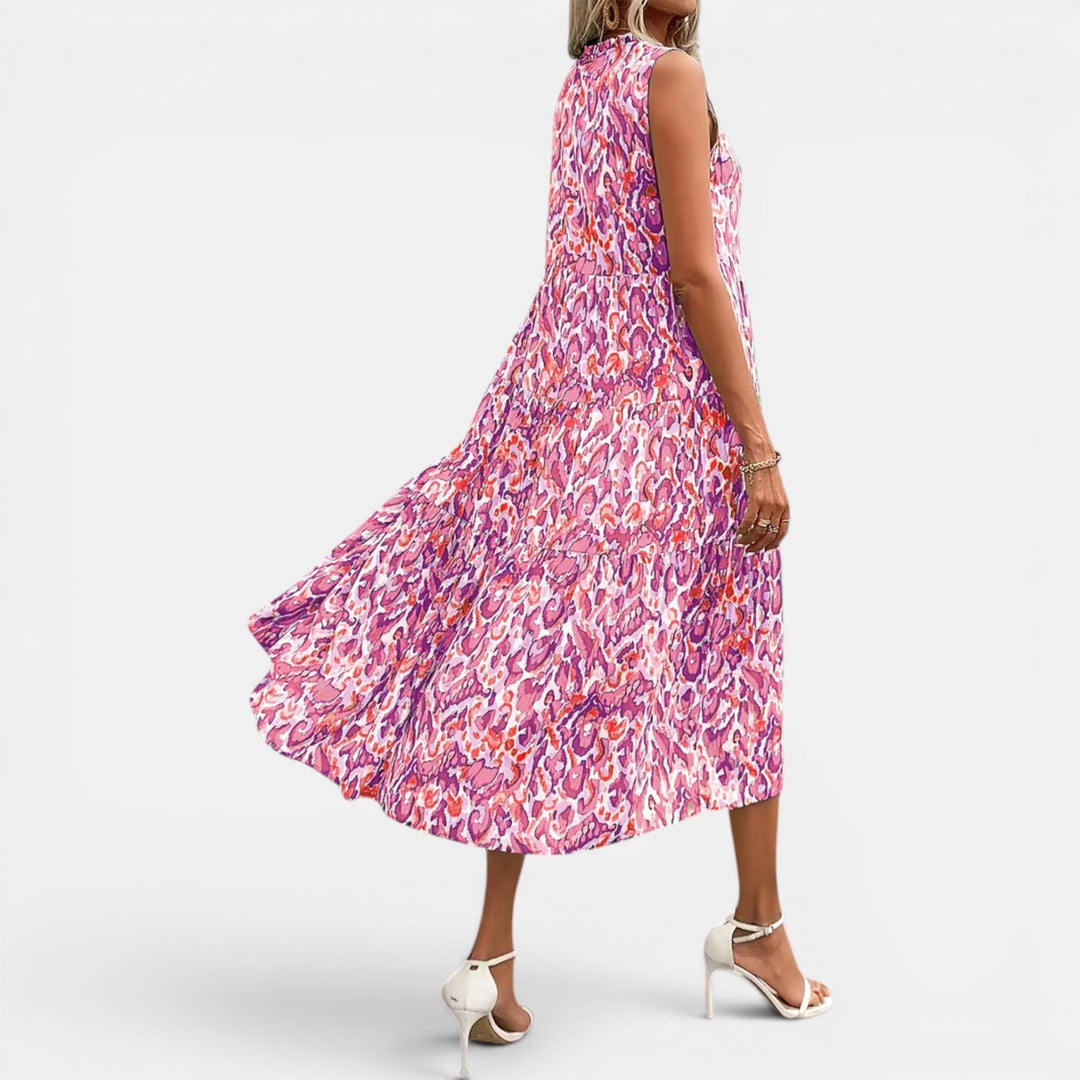 Elegant printed women's midi dress, lightweight boho summer vacation style.
