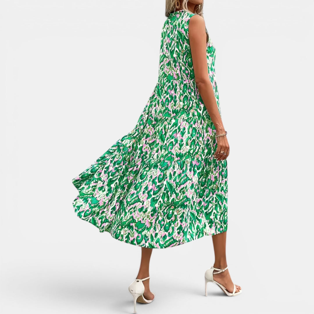 Flowy sleeveless midi dress, women's comfortable boho V-neck for summer.