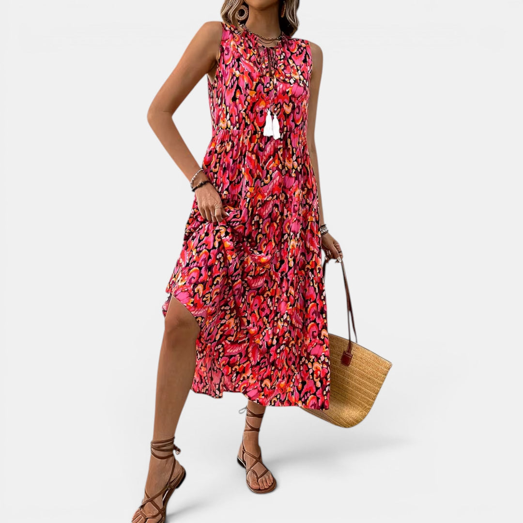 Boho lightweight summer midi dress, women's printed and casual resort wear.