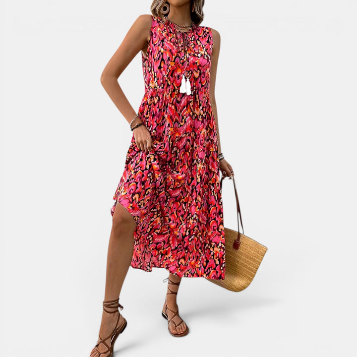 Boho lightweight summer midi dress, women's printed and casual resort wear.