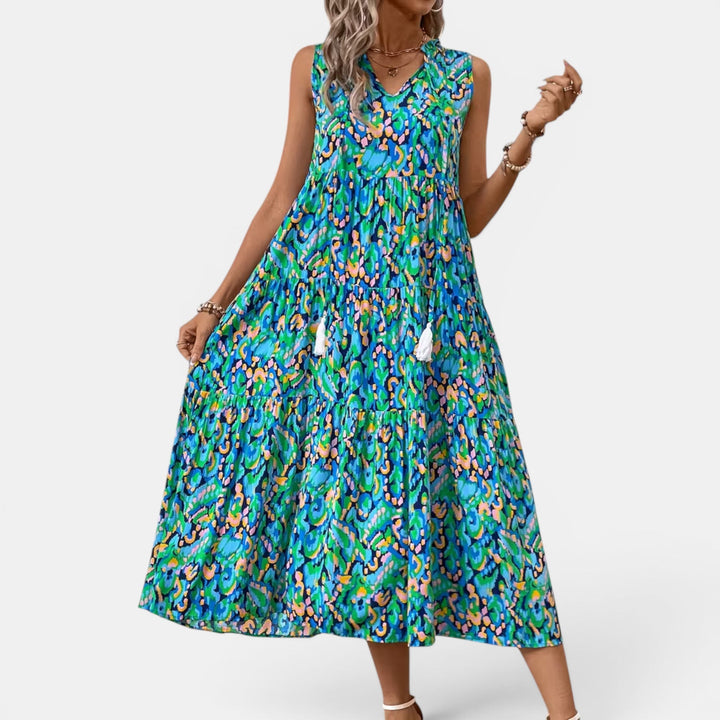 Women's V-neck midi dress, sleeveless and flowy, elegant boho summer style.