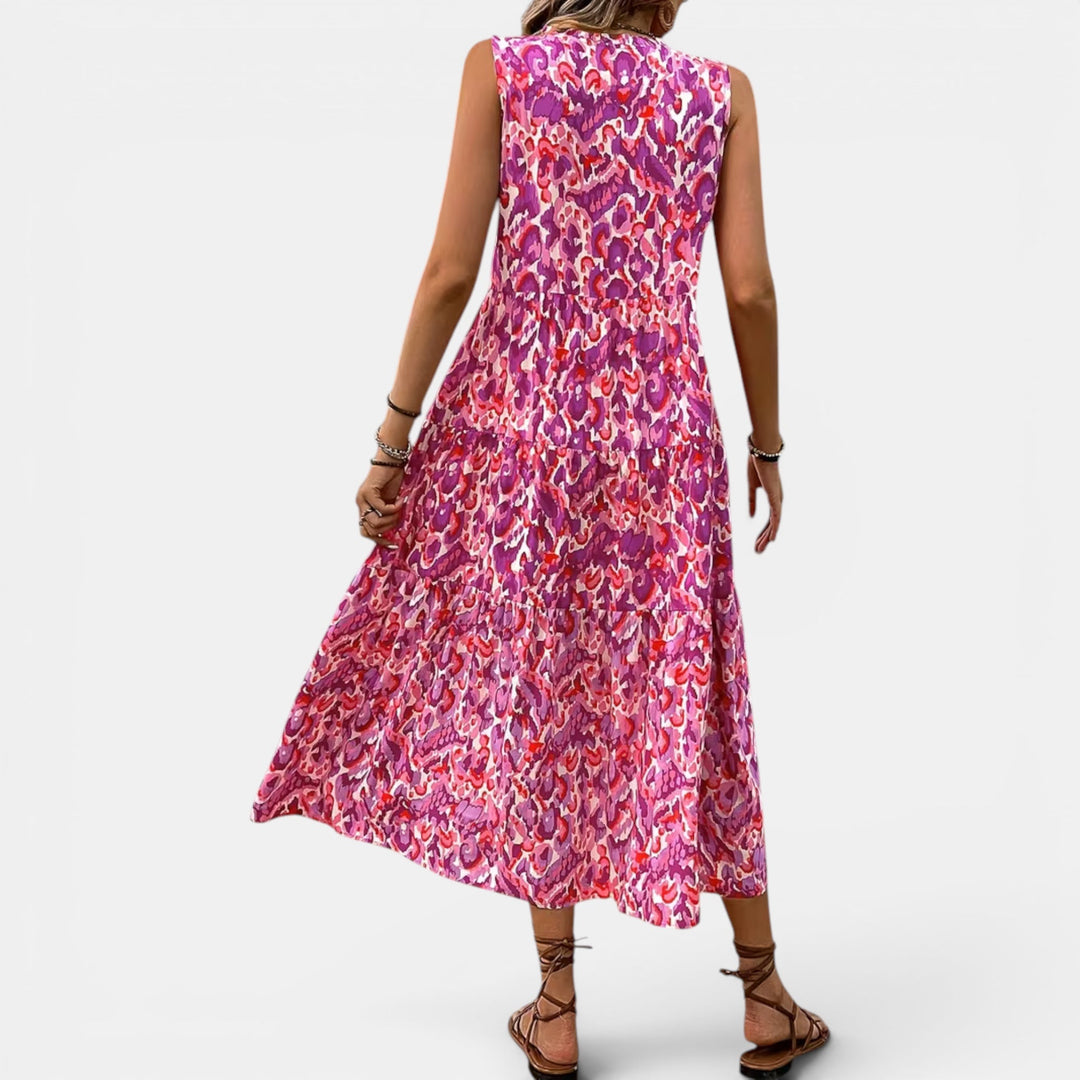 Elegant sleeveless boho midi dress, women's flowy V-neck for summer comfort.