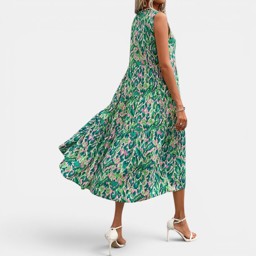 Lightweight women's summer midi dress, printed boho for casual resort elegance.