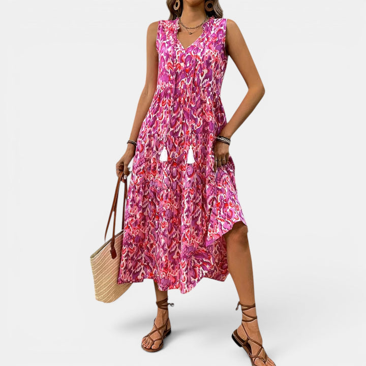Boho flowy midi dress, women's sleeveless V-neck, perfect for summer vacation.