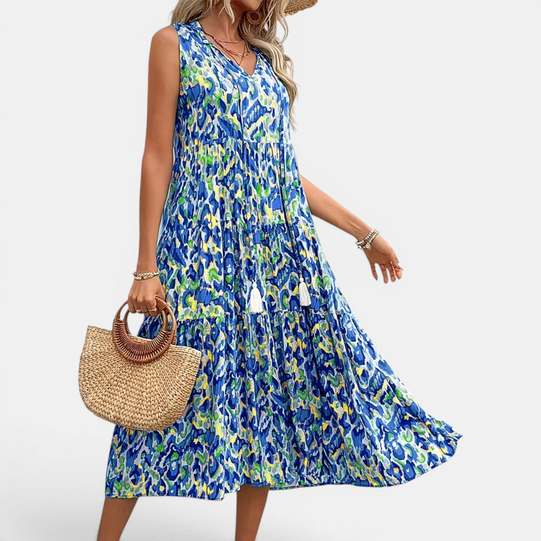 Casual printed women's lightweight midi dress, boho summer resort style.