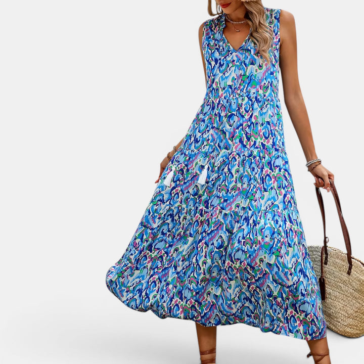 Printed boho midi dress for women, lightweight and flowy, ideal for summer.