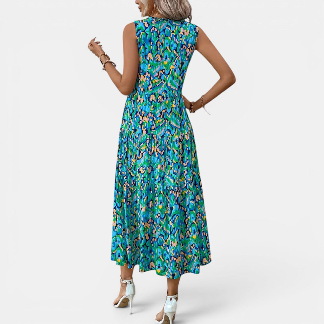 Women's elegant boho summer midi dress, sleeveless and flowy V-neck.