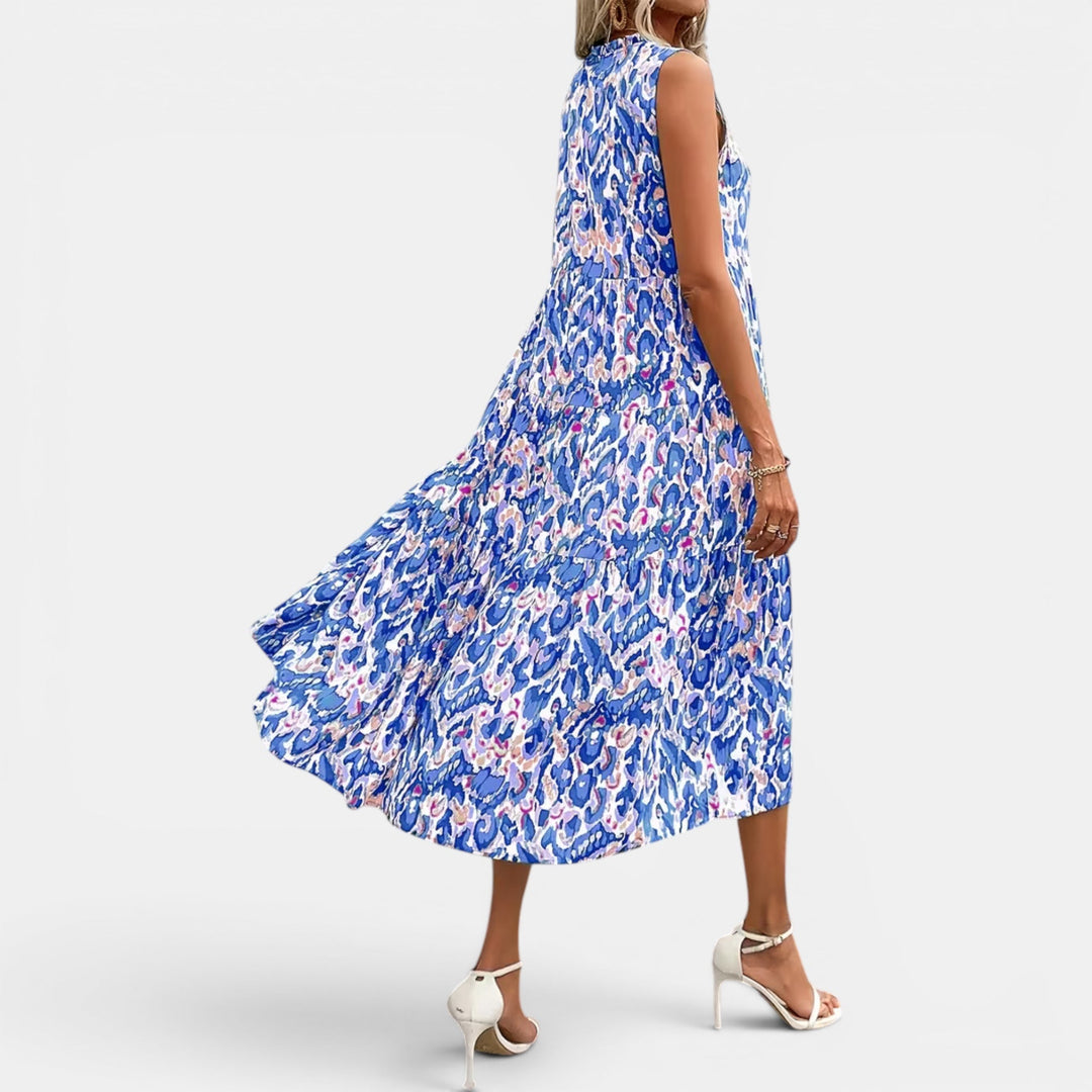 Sleeveless V-neck flowy midi dress, women's elegant boho for summer events.