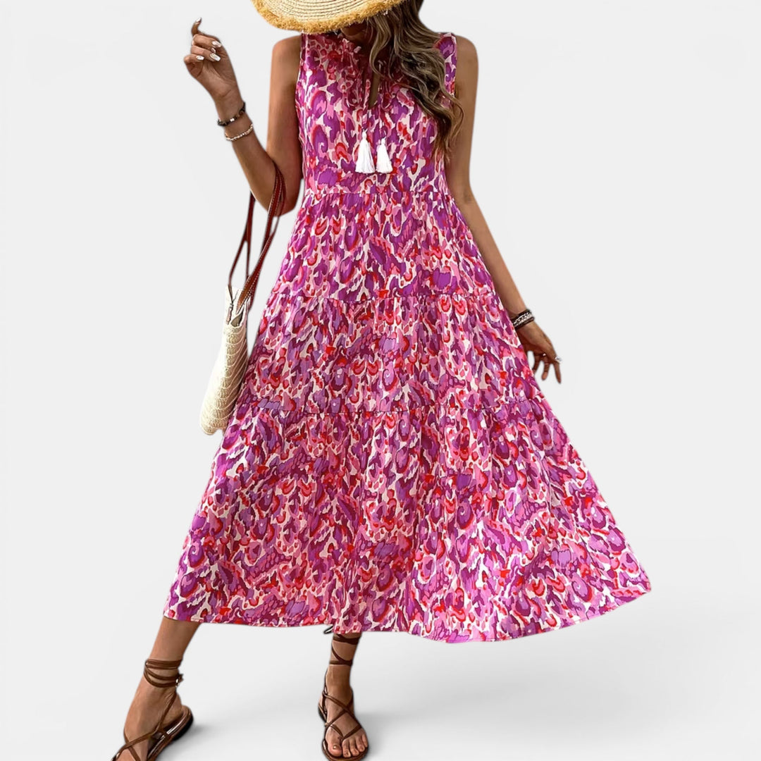 Casual women's summer midi dress, sleeveless boho style with a flattering V-neck.