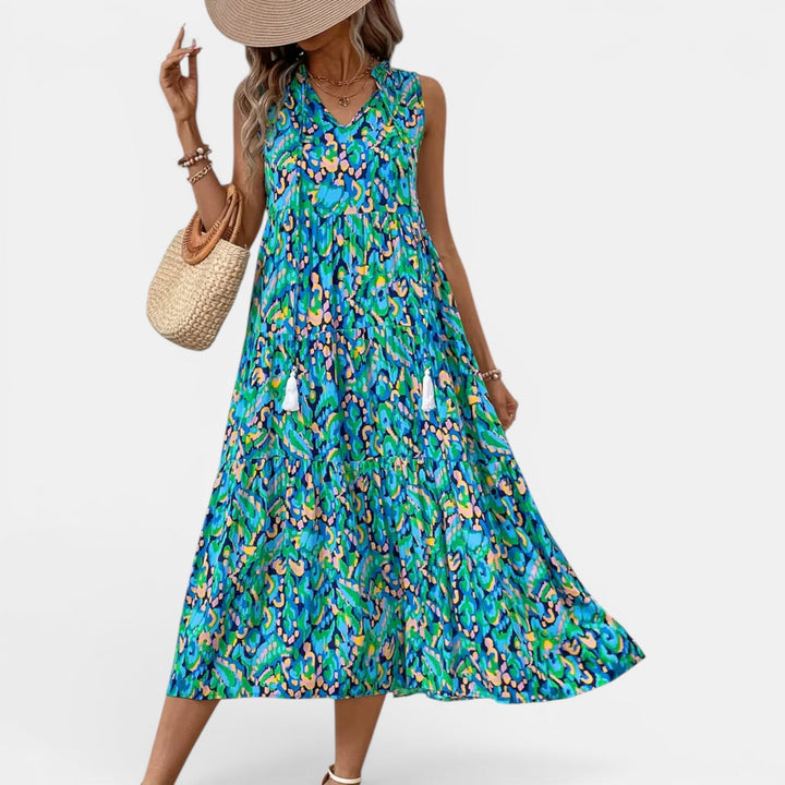 Lightweight printed women's midi dress, flowy and elegant for summer vacations.