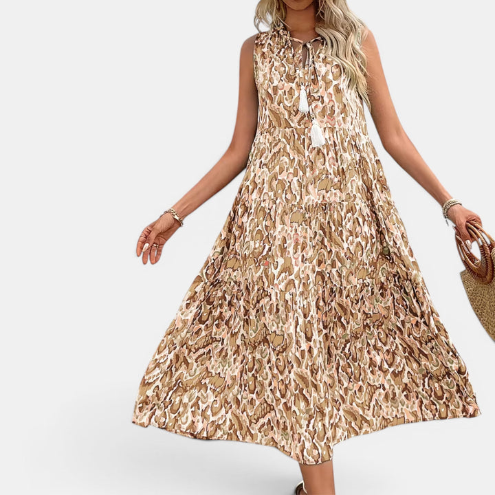 Elegant women's summer midi dress, a comfortable boho style with a sleeveless design.