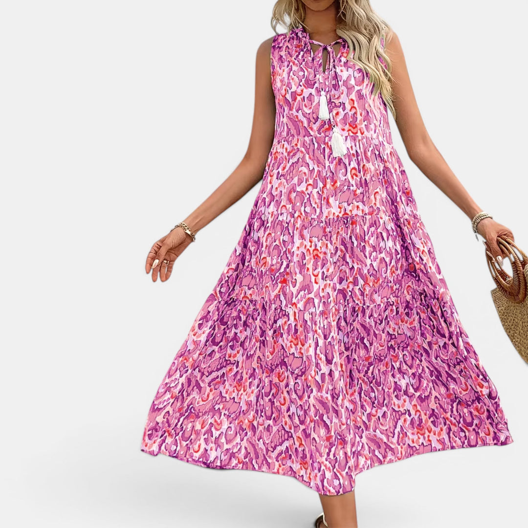 Printed boho summer midi dress, women's casual and lightweight for vacation.