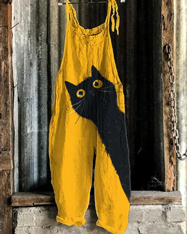 Women's lightweight cat print jumpsuit, perfect for casual summer wear & playful spring fashion. Comfortable one-piece.