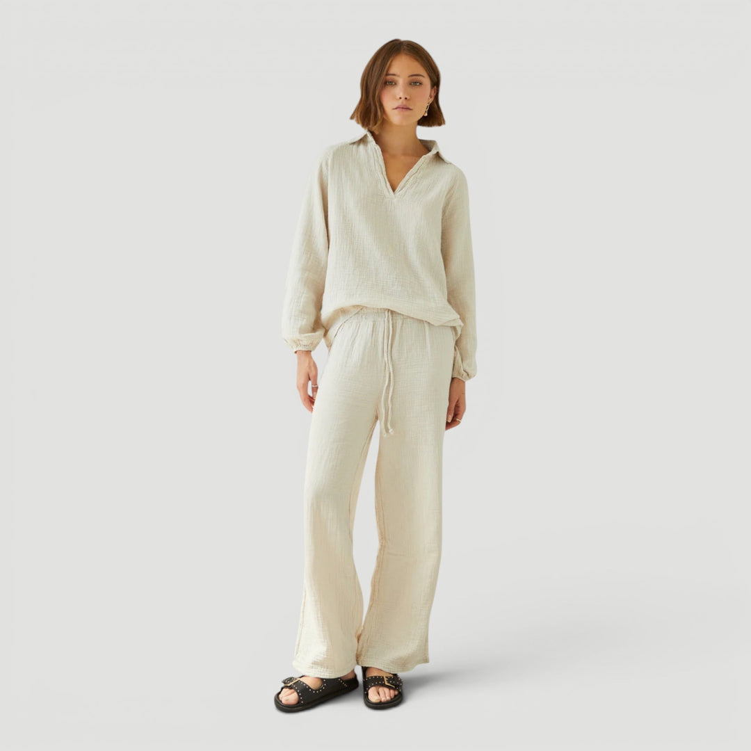 Women's lightweight cotton gauze co-ord set in a relaxed fit, perfect for summer comfort & travel.
