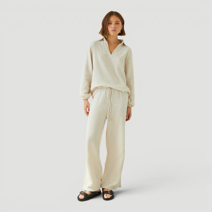 Women's lightweight cotton gauze co-ord set in a relaxed fit, perfect for summer comfort & travel.