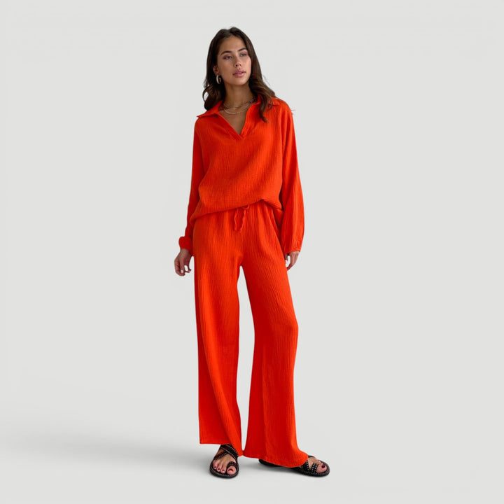 Relaxed fit top of a women's lightweight cotton gauze co-ord set, breathable for summer comfort.